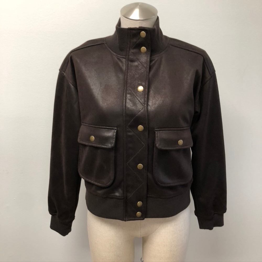 Evereve Bomber Jacket Womens XS Adult Brown Faux Leather Snap Front 50551EED